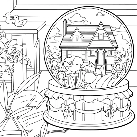 Snow globe with a house scene inside a room