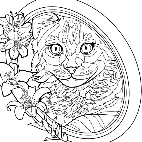 Cat and flowers in a picture - frame
