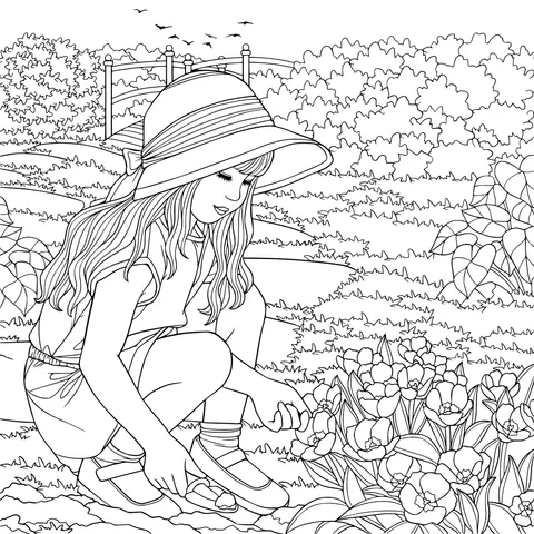 Girl planting flowers in the garden