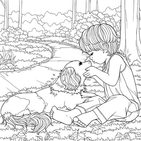 Un Momento Acogedor Entre un Niño y un Perro en el Bosque