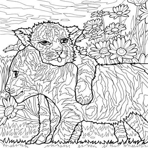 A young tiger lying on the back of a young lion