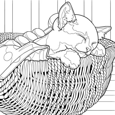 A sleeping kitten in a basket