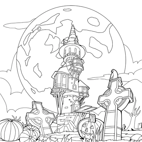 Magic Tower and Pumpkins under the Moonlit Night