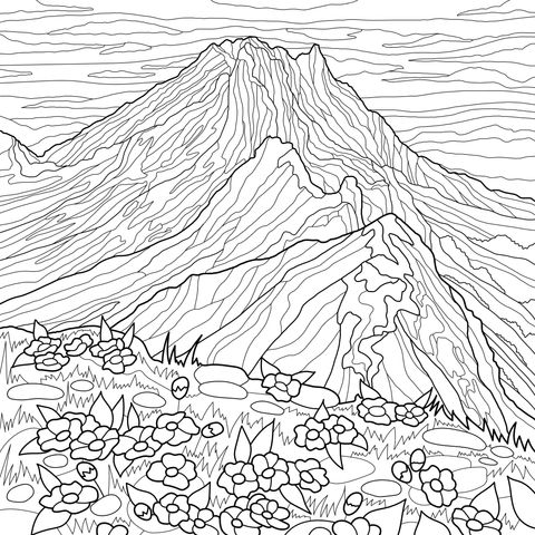 咲き乱れる花に囲まれた山