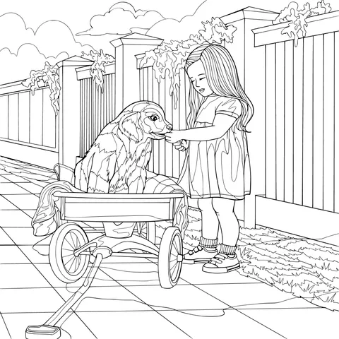 Girl interacting with dog in a wagon