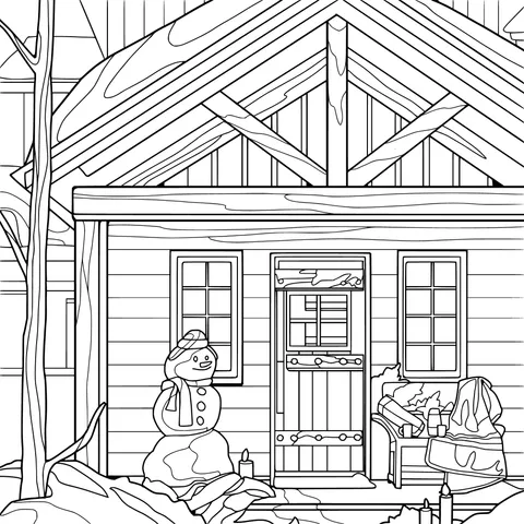 Snowman in Front of a Winter Cabin