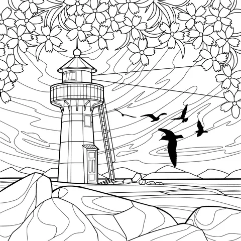 Lighthouse at Sunset Surrounded by Flowers