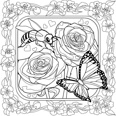 Abeja, mariposa y rosas