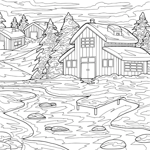 Log Cabins and Stream on a Winter Night