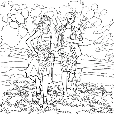 Young man and woman running on the grass