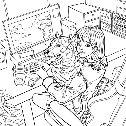 A Girl's Cozy Working Time with Her Dog