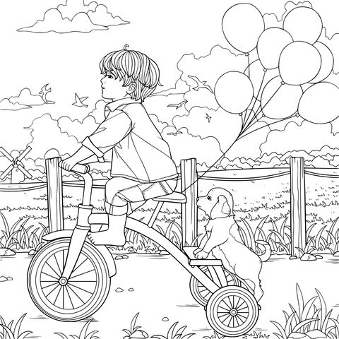 Boy riding a bike with a dog