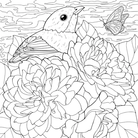 A Bird and a Butterfly among Flowers