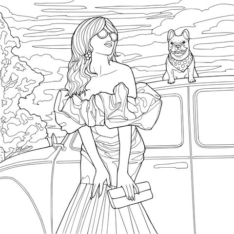 A lady in a red dress and her pet dog