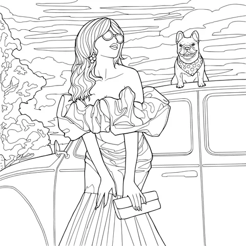 A lady in a red dress and her pet dog