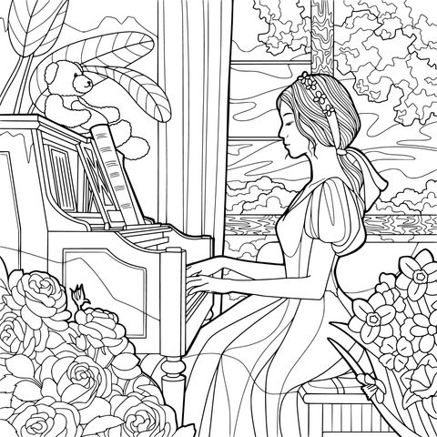 Mujer tocando el piano junto a la ventana