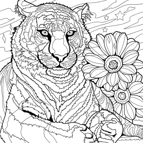 Tiger beside the flowers