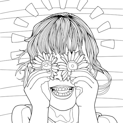 Happy girl covering her eyes with daisies