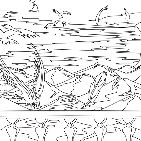 Birds and Mountains at Sunset