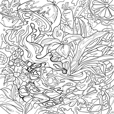 Ilustración colorida de frutas, verduras y flores
