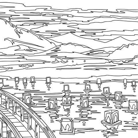 湖畔暮色中的灯笼桥景