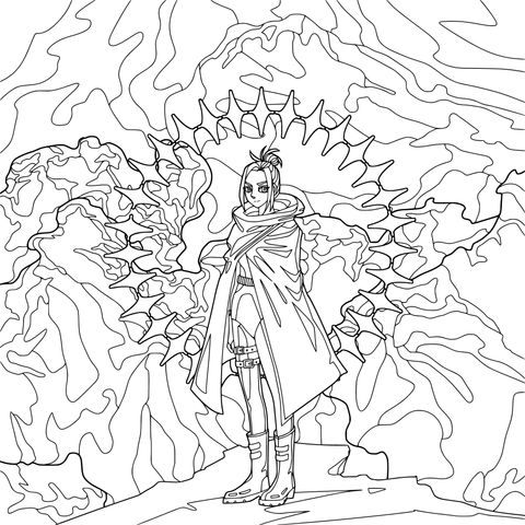 幻想的な風景に立つクロークを着たキャラクター
