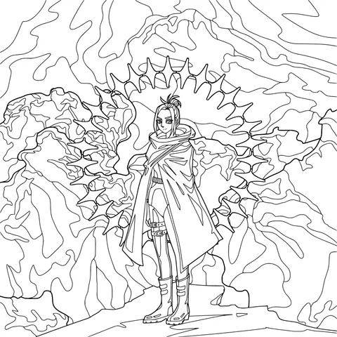 Character in a cloak standing in a fantastical landscape