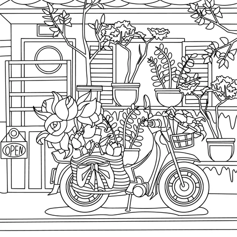 Decorative Moped Outside a Flower Shop