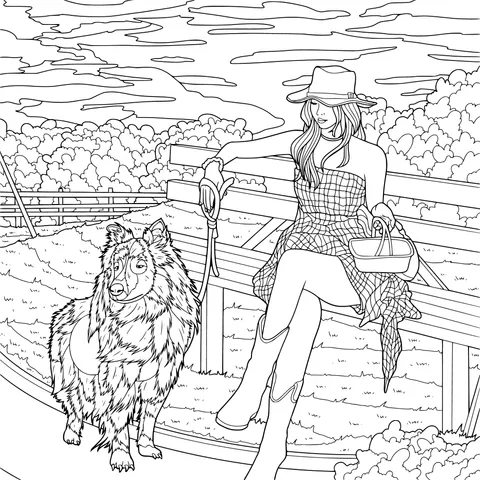 Woman resting beside a bench with a collie