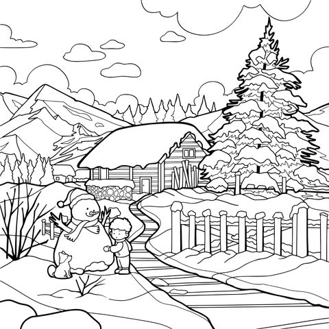 Momento de Hacer un Muñeco de Nieve al Lado de la Cabaña de Invierno