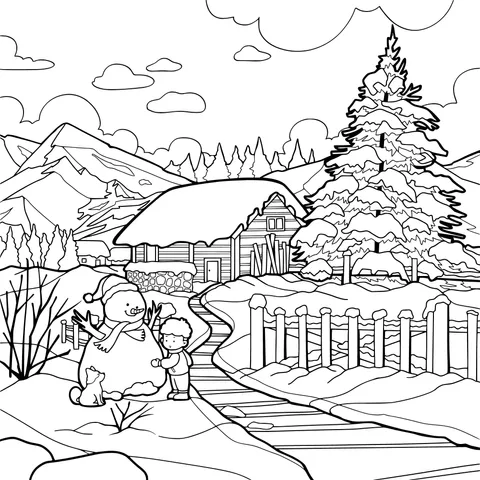 Snowman - making Time beside the Winter Cabin