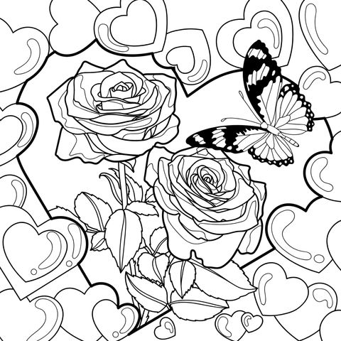 Rosas, mariposa y corazones