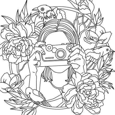 Girl with camera, flowers and birds