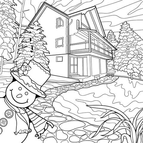 A Winter Scene of a Snowman and a Log - cabin