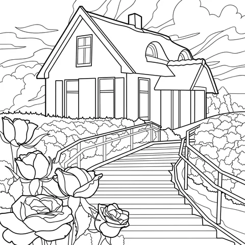 Red House with Flower - beds and Steps