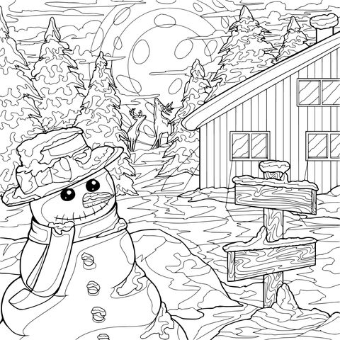 雪の夜の雪だるまと小屋