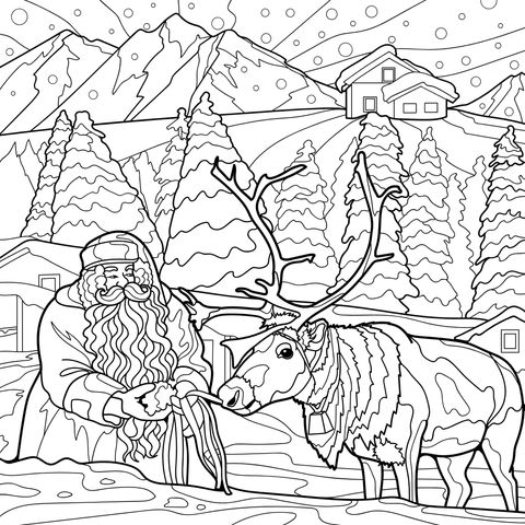 Santa Claus and Reindeer in a Snowy Village