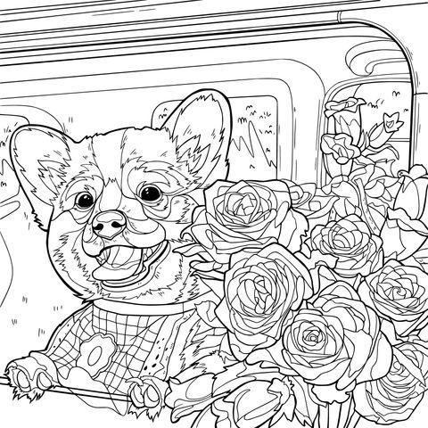 Corgi Feliz en el Coche con Rosas Rosas