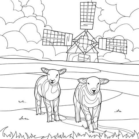 Two Sheep and a Windmill in the Field