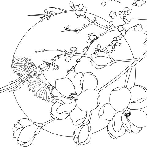 月の下の花と鳥