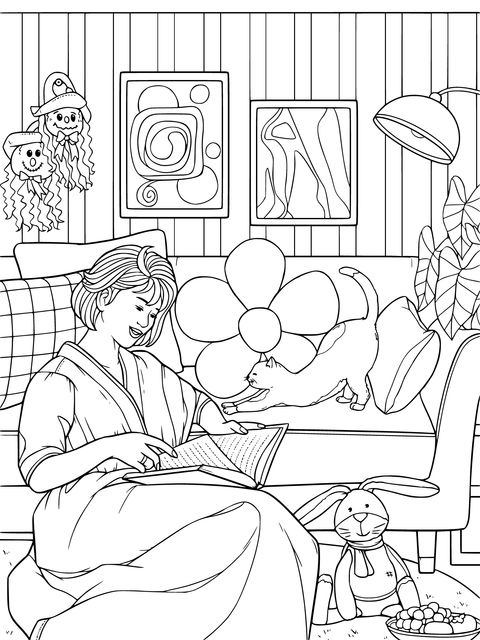 A Lady Reading Comfortably beside the Sofa