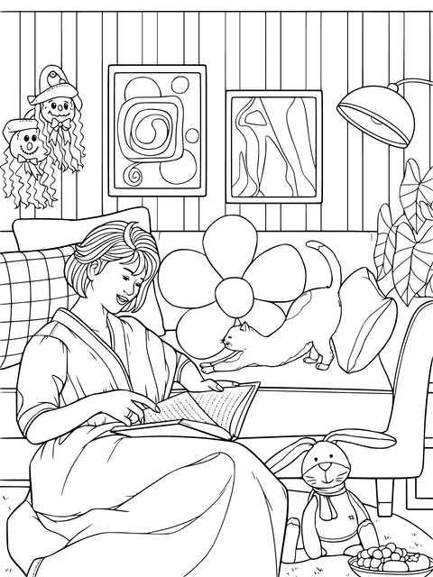 A Lady Reading Comfortably beside the Sofa