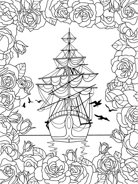 Sailing Ship Surrounded by Roses