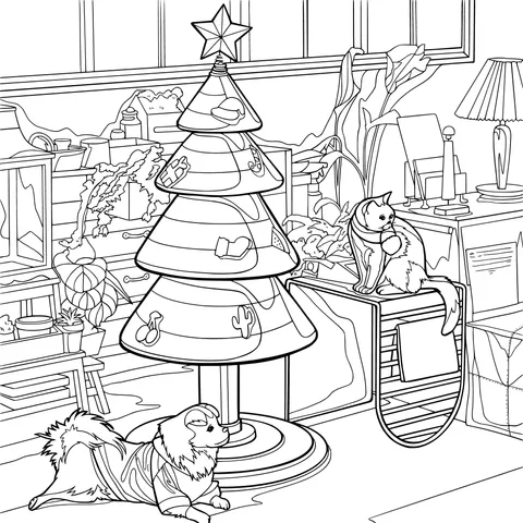 Pets and Christmas tree indoors