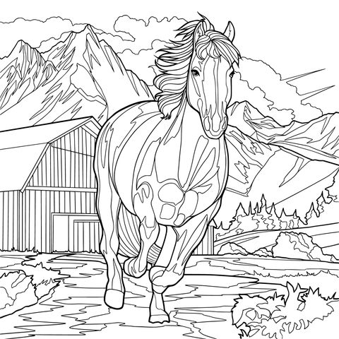 Um cavalo a galope perto de uma fazenda nas montanhas
