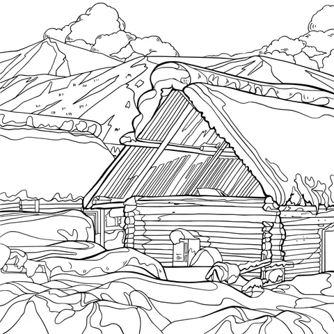 Snow - covered Log Cabin and Distant Mountains