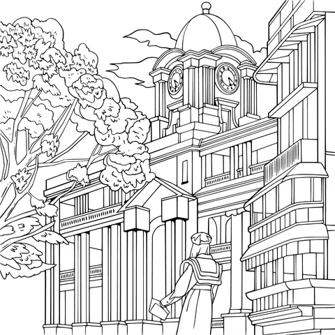 Clock - tower building in front of a woman