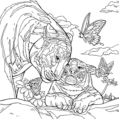 Warm - hearted Tigers with Butterflies and Flowers