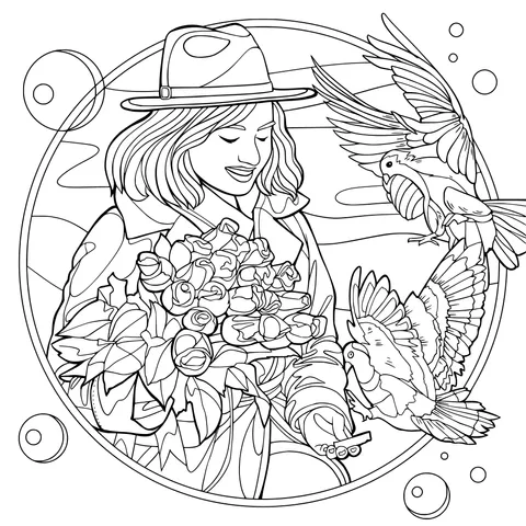 Woman interacting with pigeons while holding roses