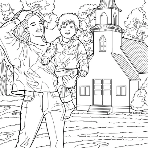 Mother and son in front of a church in autumn